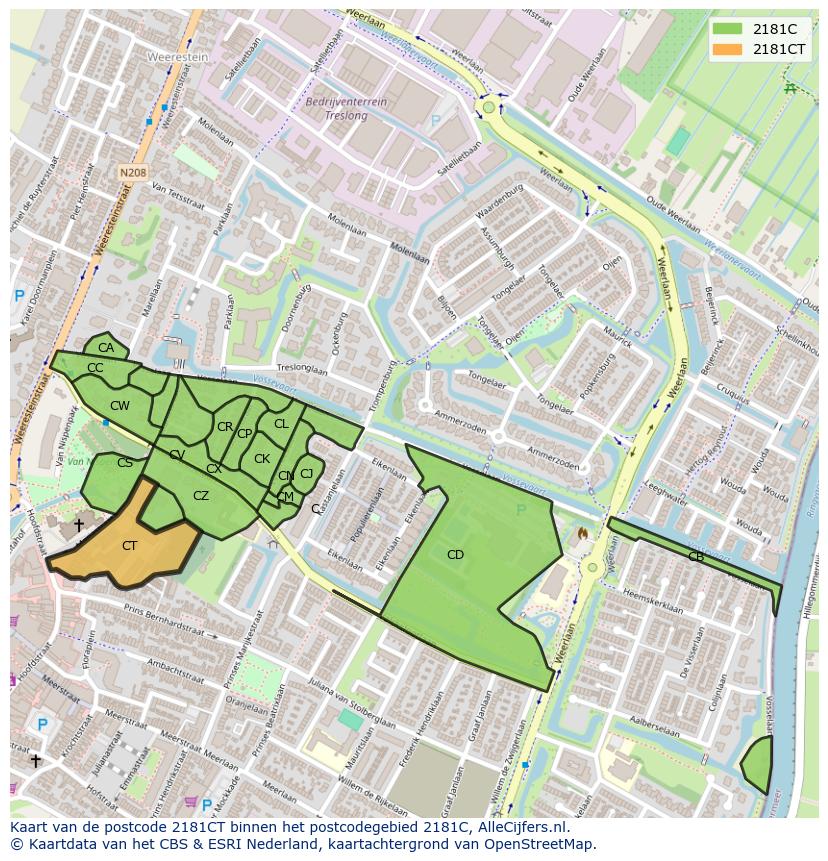 Afbeelding van het postcodegebied 2181 CT op de kaart.