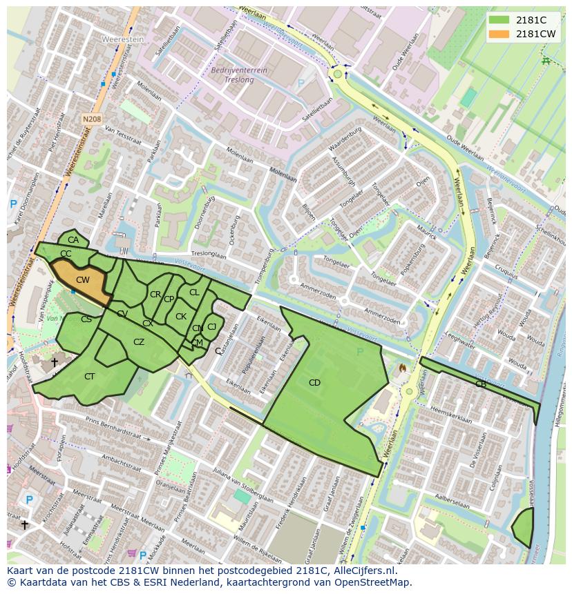 Afbeelding van het postcodegebied 2181 CW op de kaart.