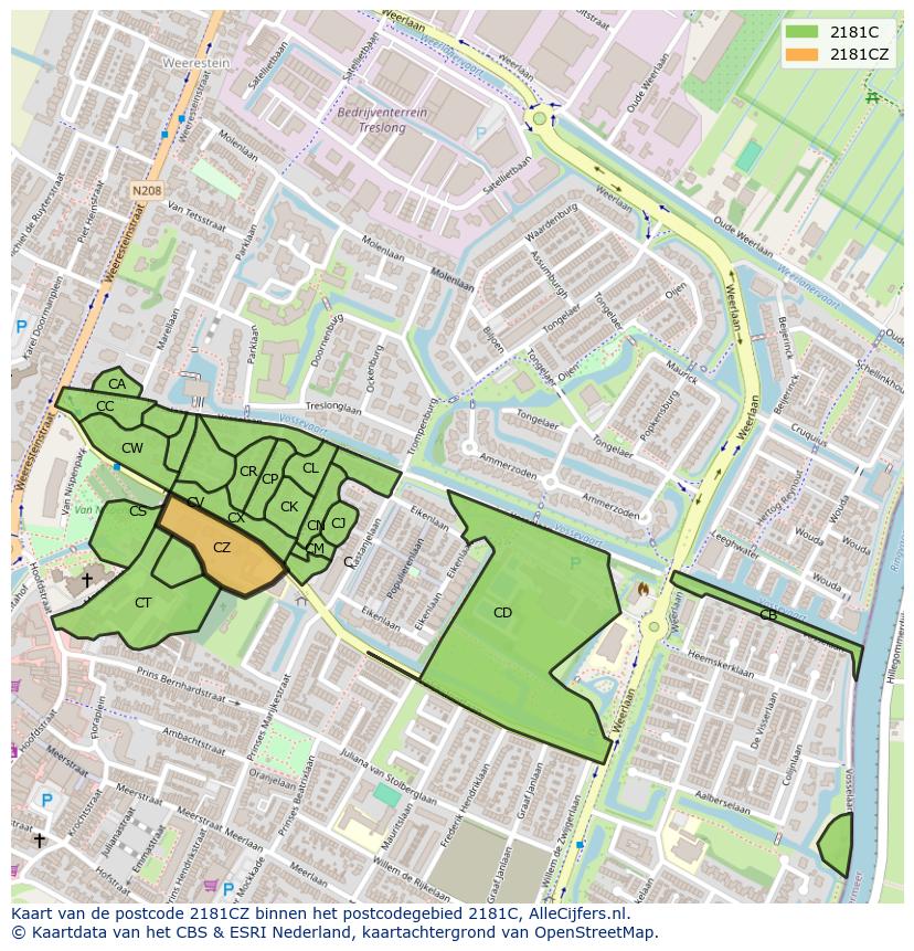 Afbeelding van het postcodegebied 2181 CZ op de kaart.