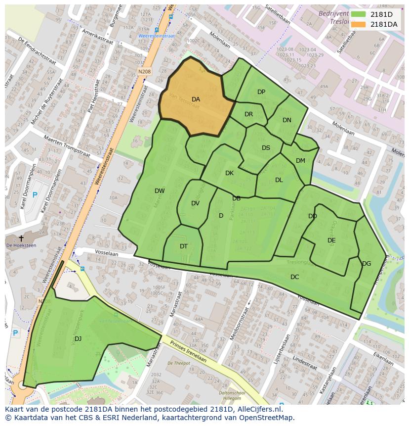 Afbeelding van het postcodegebied 2181 DA op de kaart.