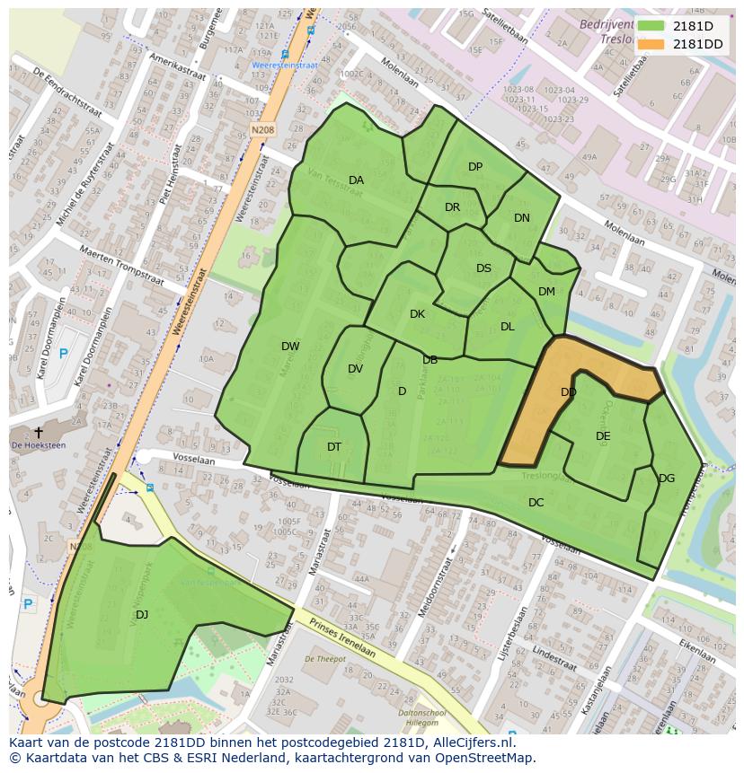 Afbeelding van het postcodegebied 2181 DD op de kaart.