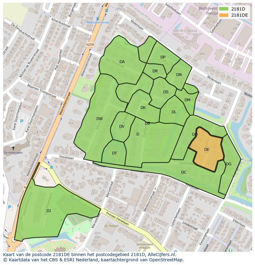 Afbeelding van het postcodegebied 2181 DE op de kaart.