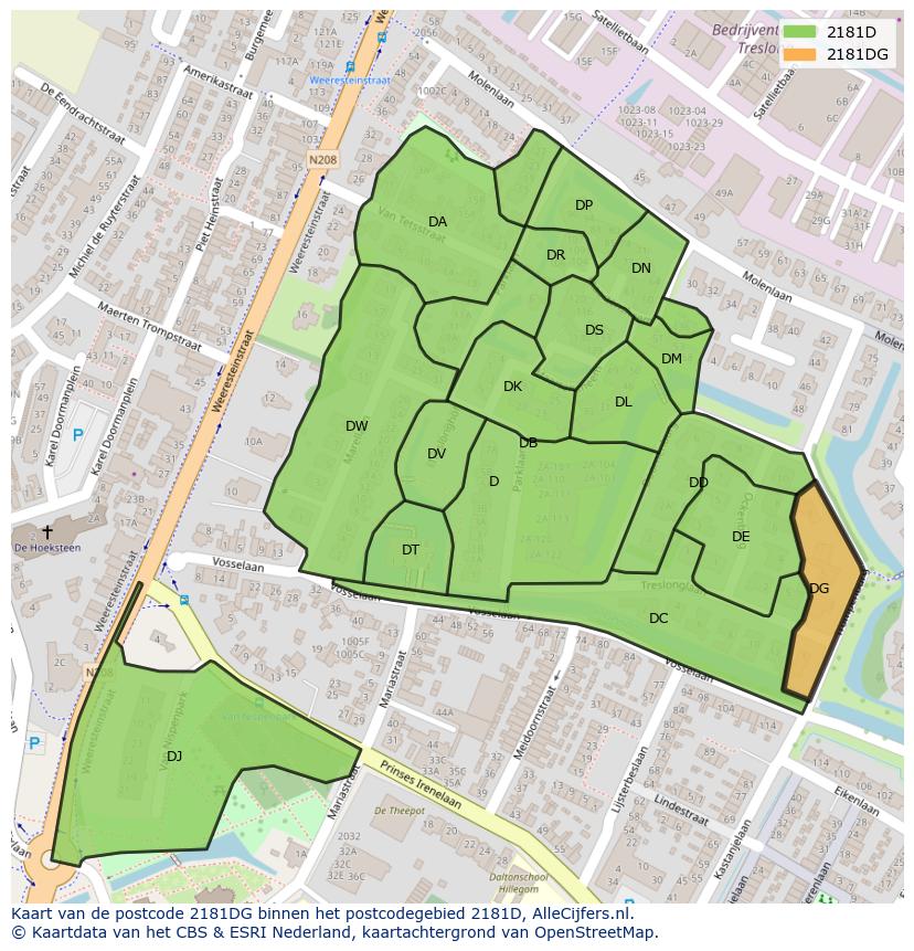 Afbeelding van het postcodegebied 2181 DG op de kaart.