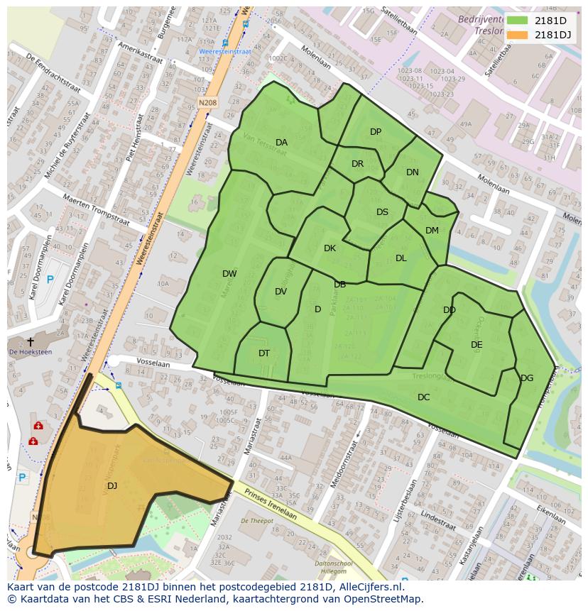 Afbeelding van het postcodegebied 2181 DJ op de kaart.
