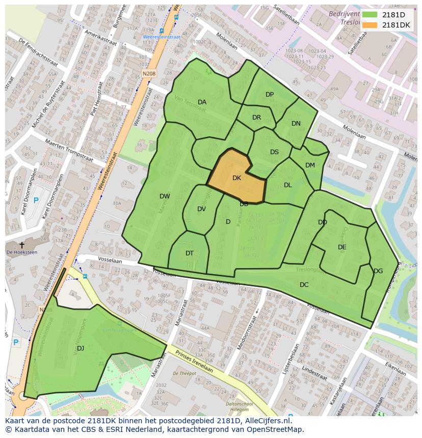 Afbeelding van het postcodegebied 2181 DK op de kaart.