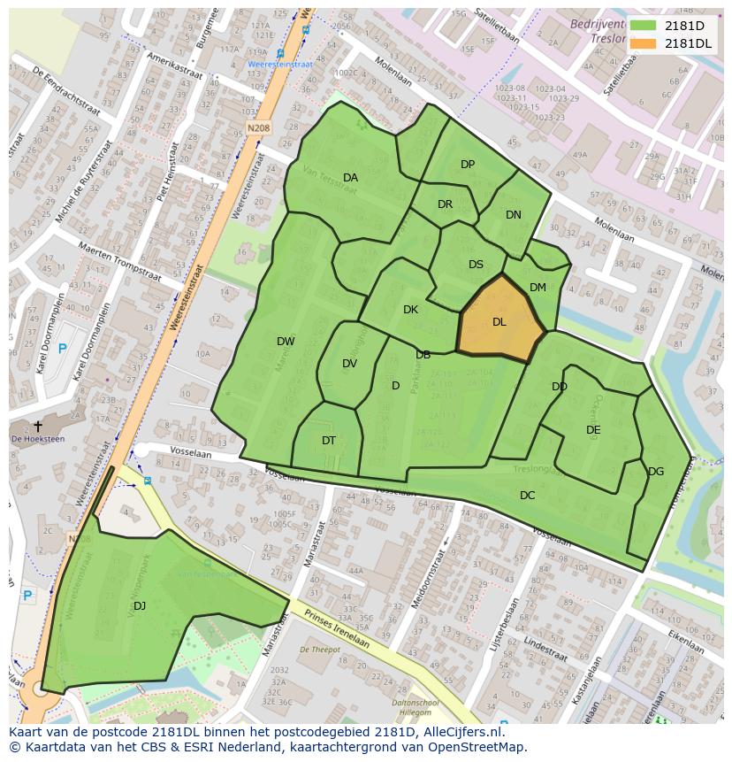 Afbeelding van het postcodegebied 2181 DL op de kaart.