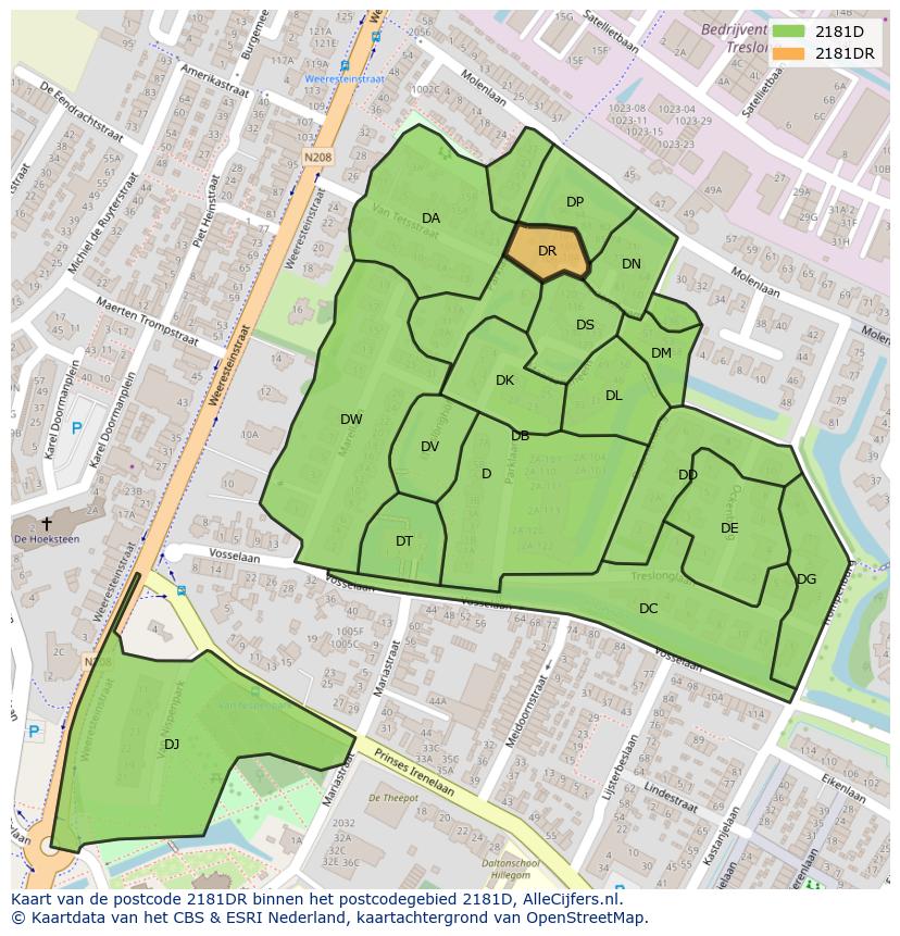 Afbeelding van het postcodegebied 2181 DR op de kaart.