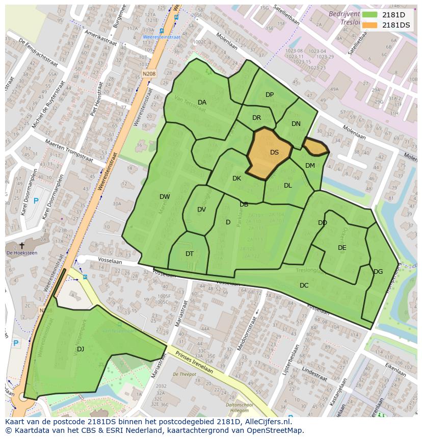 Afbeelding van het postcodegebied 2181 DS op de kaart.