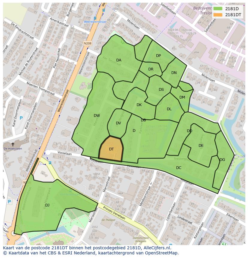 Afbeelding van het postcodegebied 2181 DT op de kaart.