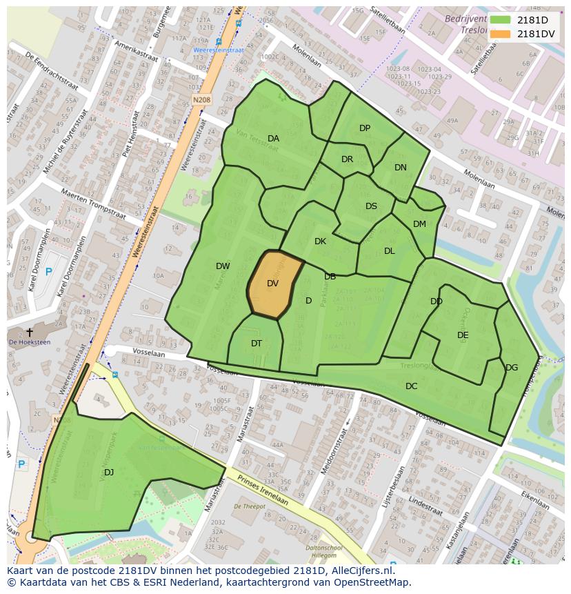 Afbeelding van het postcodegebied 2181 DV op de kaart.