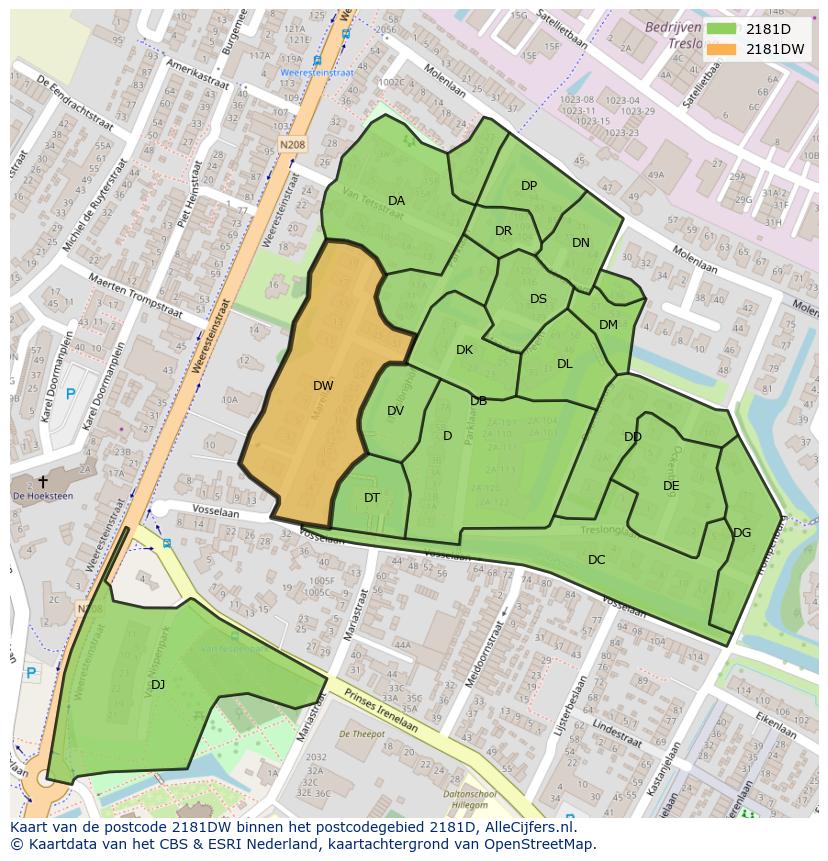 Afbeelding van het postcodegebied 2181 DW op de kaart.