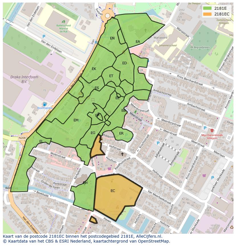 Afbeelding van het postcodegebied 2181 EC op de kaart.