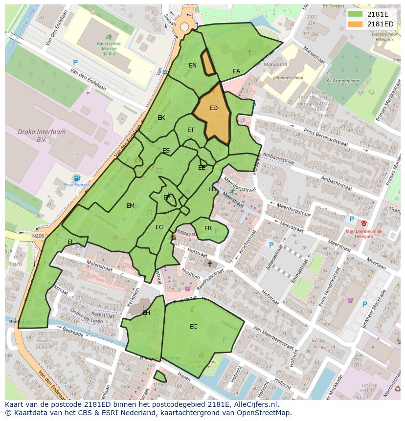 Afbeelding van het postcodegebied 2181 ED op de kaart.