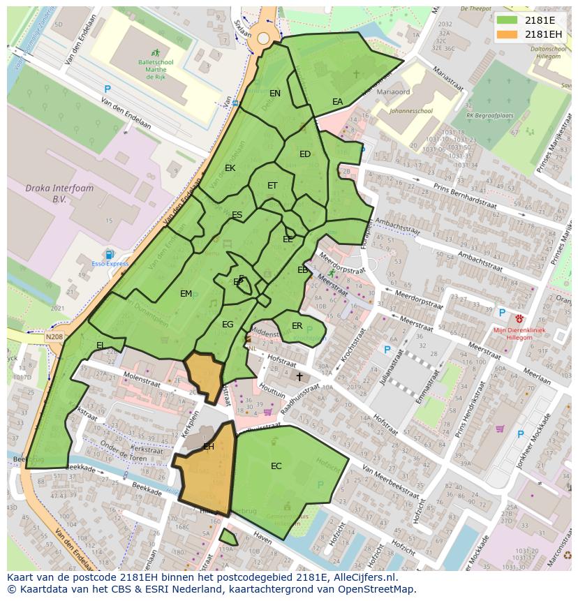 Afbeelding van het postcodegebied 2181 EH op de kaart.
