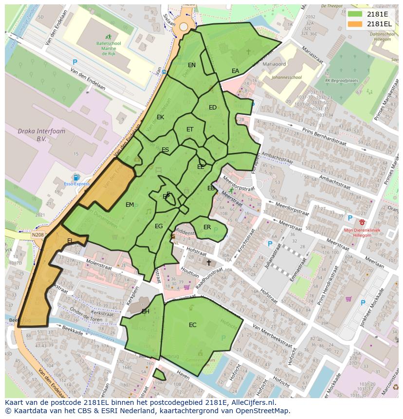Afbeelding van het postcodegebied 2181 EL op de kaart.
