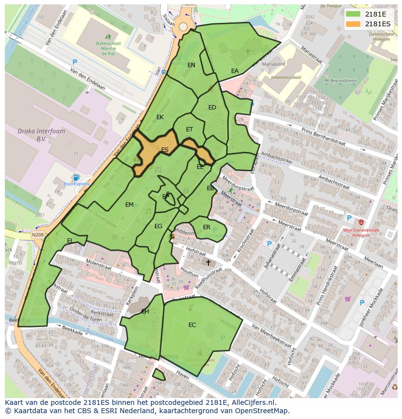 Afbeelding van het postcodegebied 2181 ES op de kaart.