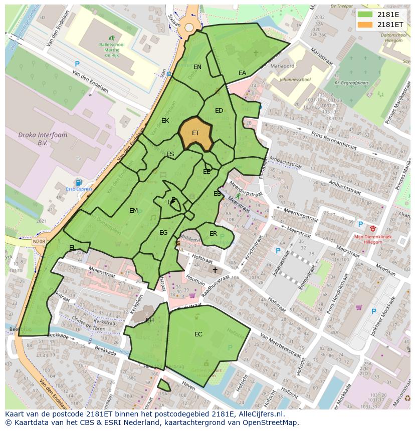 Afbeelding van het postcodegebied 2181 ET op de kaart.