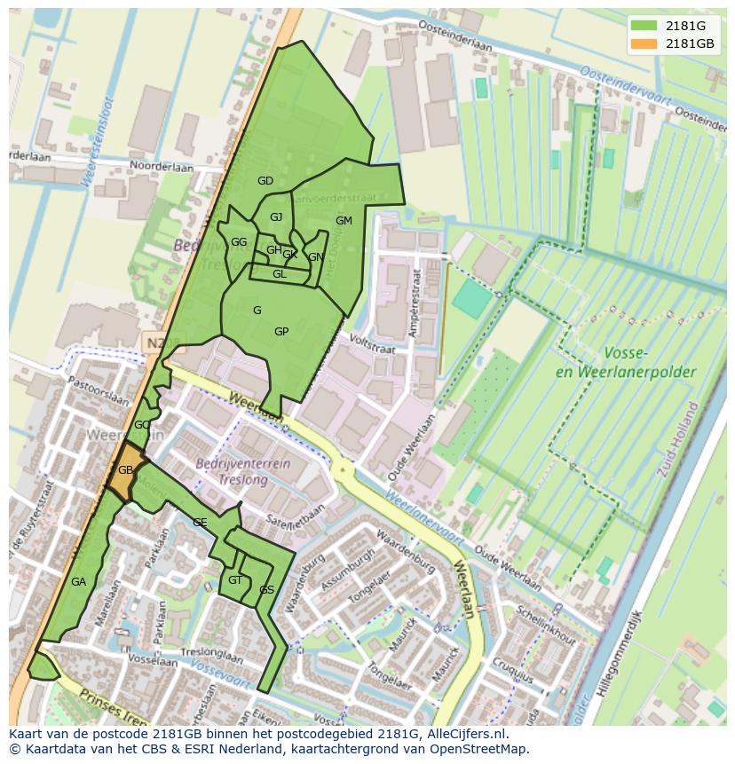 Afbeelding van het postcodegebied 2181 GB op de kaart.