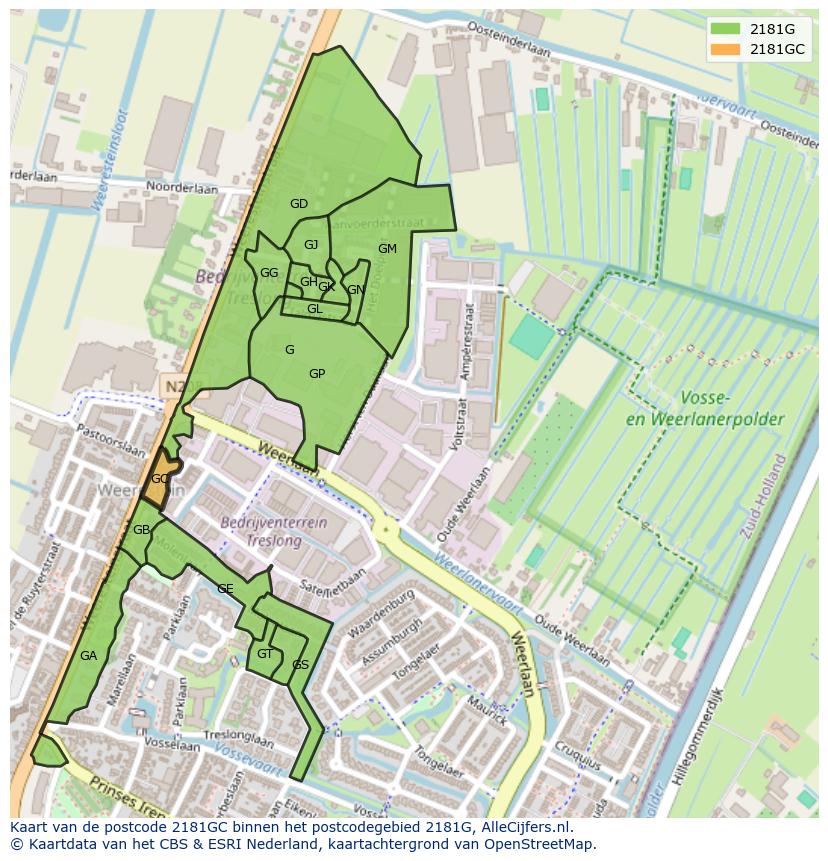 Afbeelding van het postcodegebied 2181 GC op de kaart.