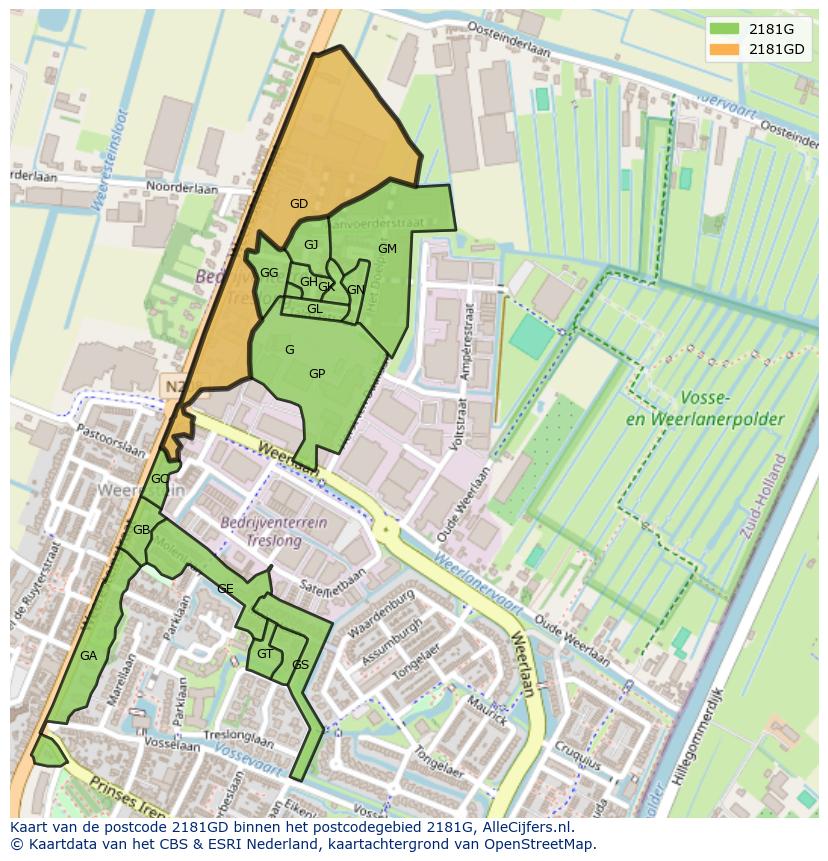 Afbeelding van het postcodegebied 2181 GD op de kaart.