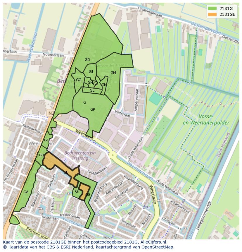 Afbeelding van het postcodegebied 2181 GE op de kaart.
