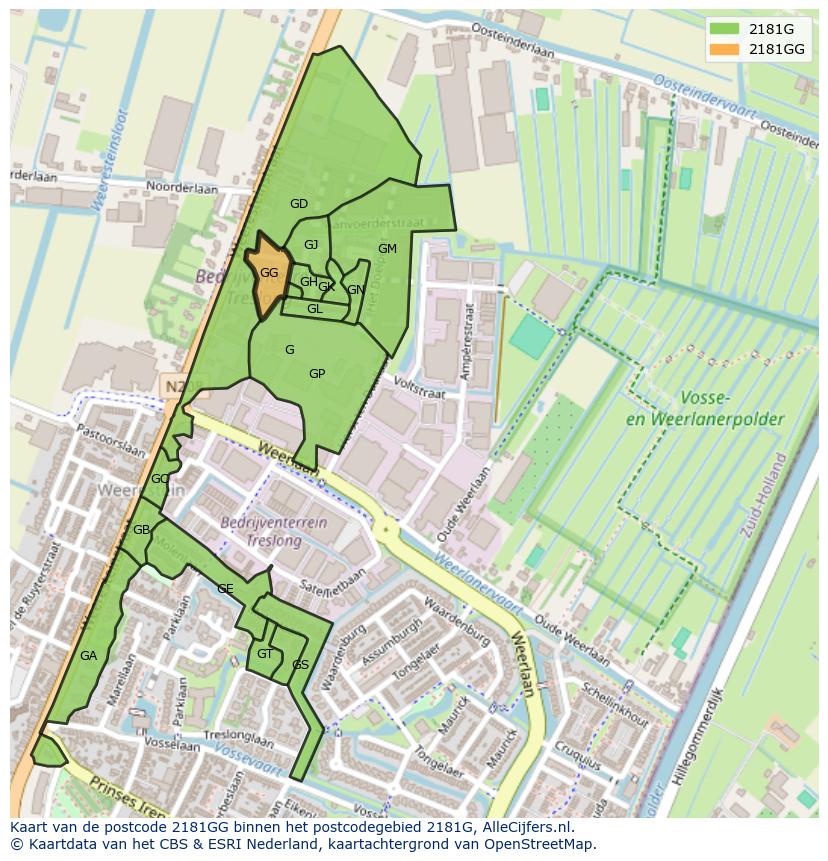 Afbeelding van het postcodegebied 2181 GG op de kaart.