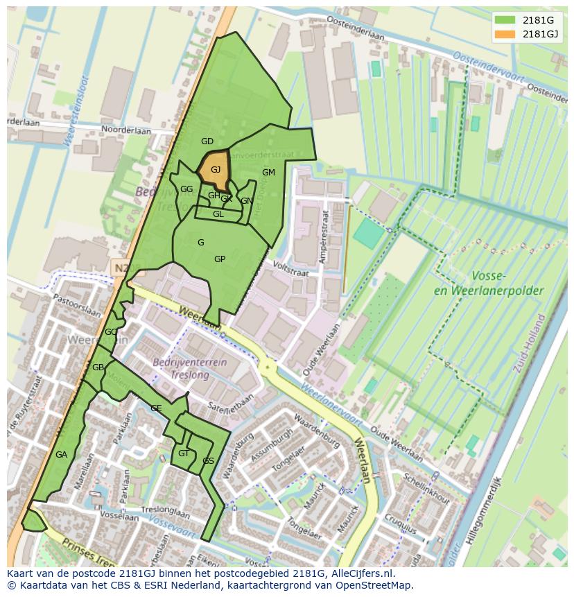 Afbeelding van het postcodegebied 2181 GJ op de kaart.