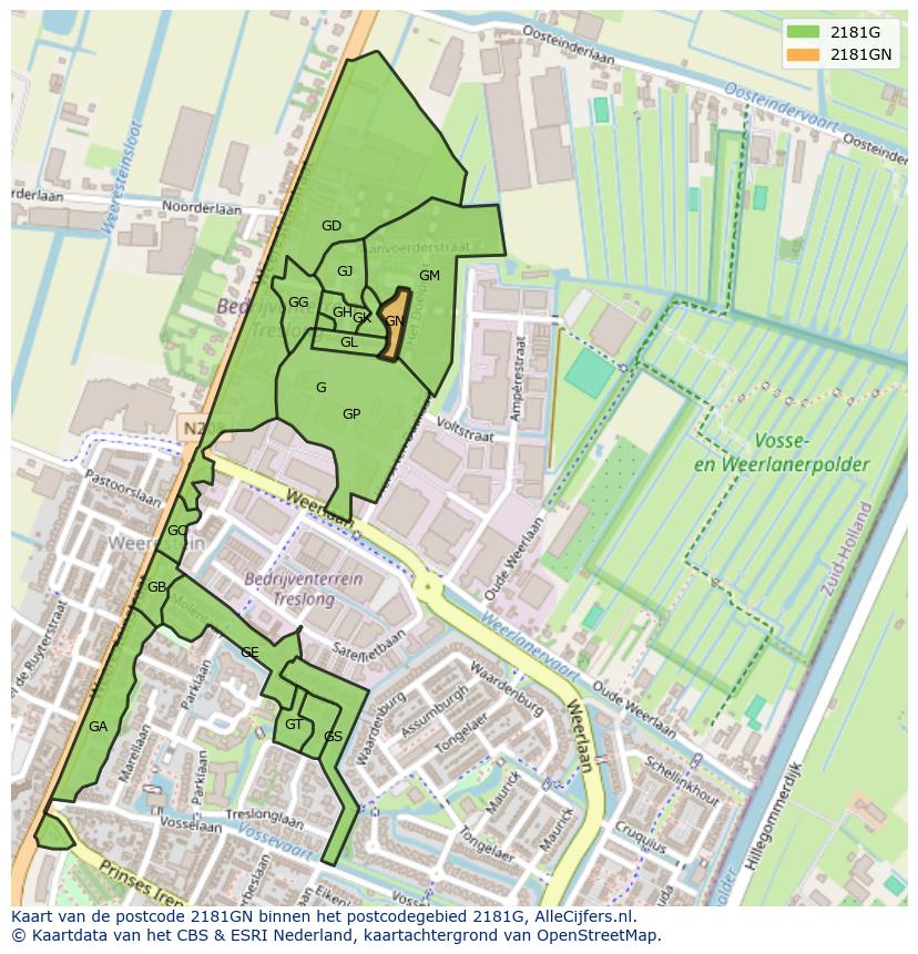 Afbeelding van het postcodegebied 2181 GN op de kaart.