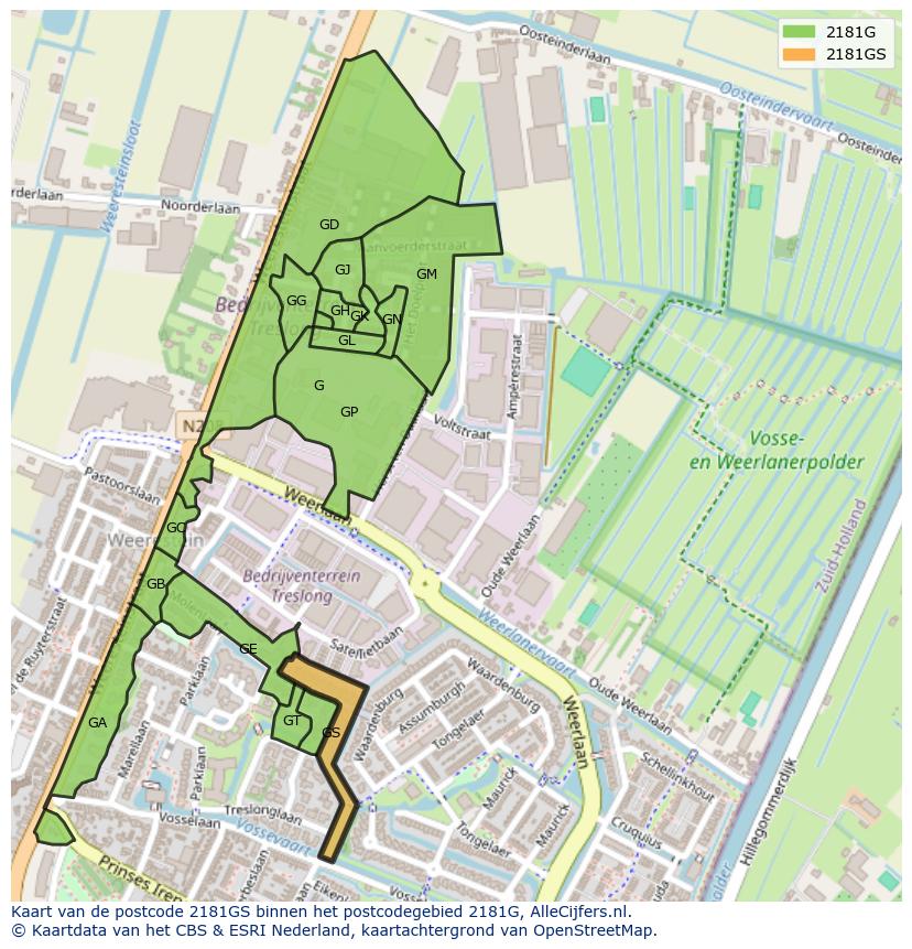Afbeelding van het postcodegebied 2181 GS op de kaart.