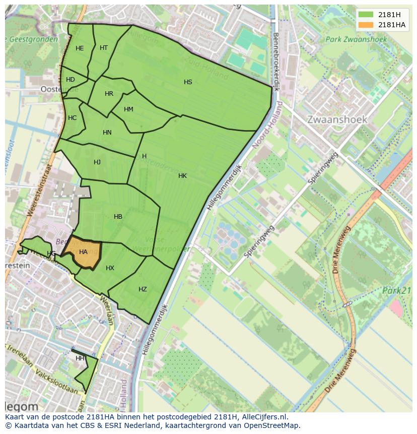 Afbeelding van het postcodegebied 2181 HA op de kaart.