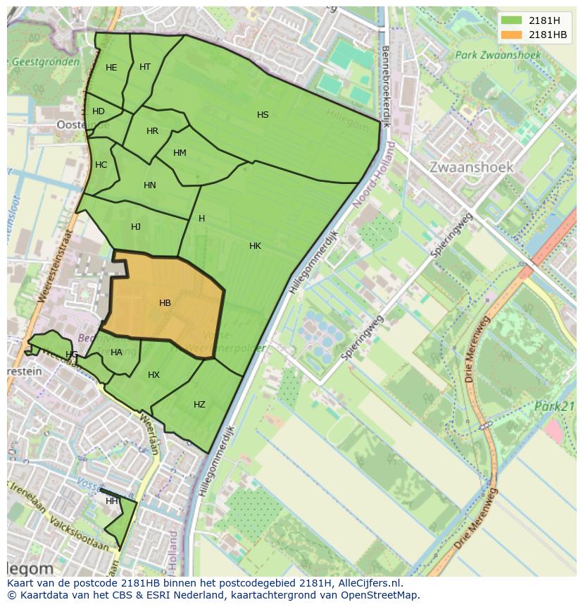 Afbeelding van het postcodegebied 2181 HB op de kaart.