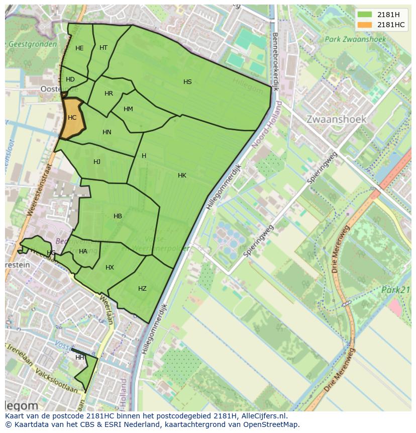 Afbeelding van het postcodegebied 2181 HC op de kaart.