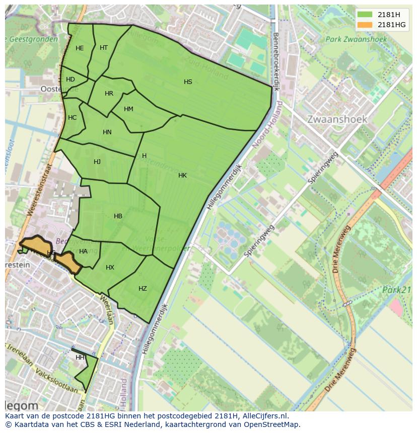 Afbeelding van het postcodegebied 2181 HG op de kaart.