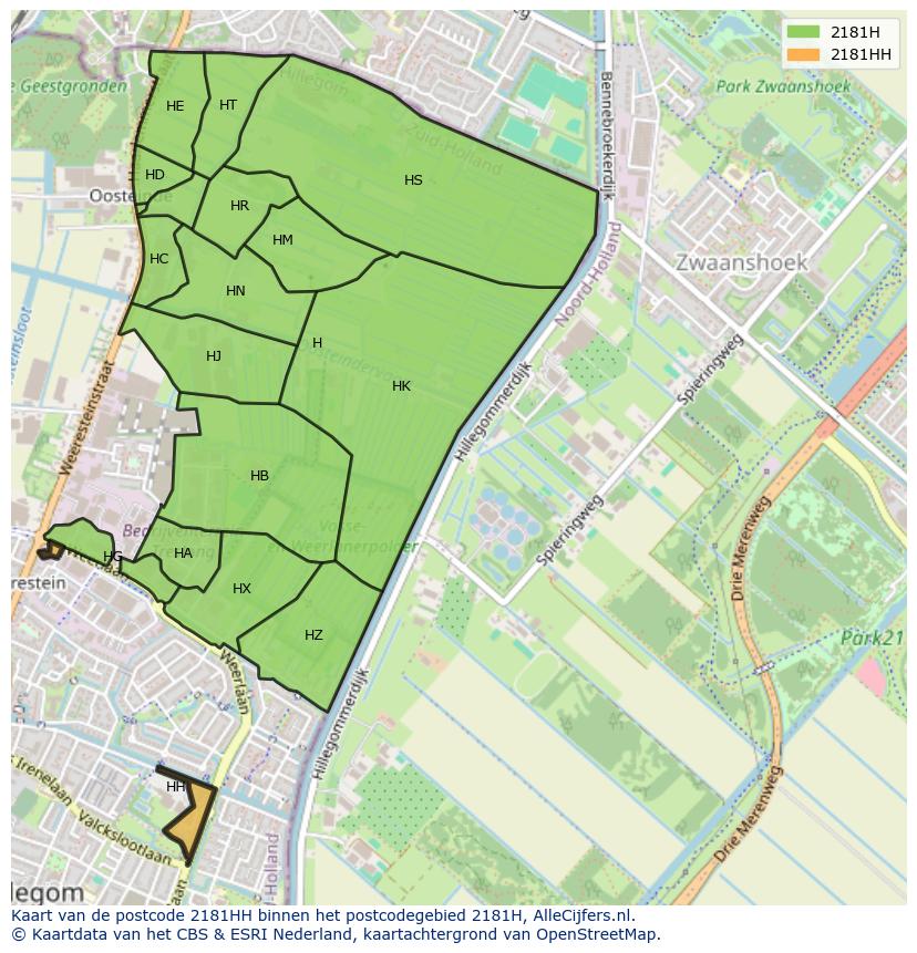 Afbeelding van het postcodegebied 2181 HH op de kaart.