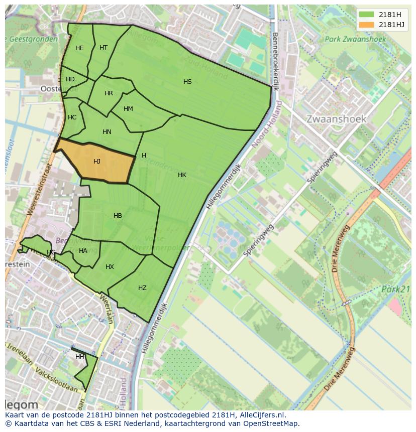 Afbeelding van het postcodegebied 2181 HJ op de kaart.