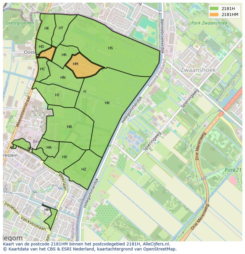 Afbeelding van het postcodegebied 2181 HM op de kaart.