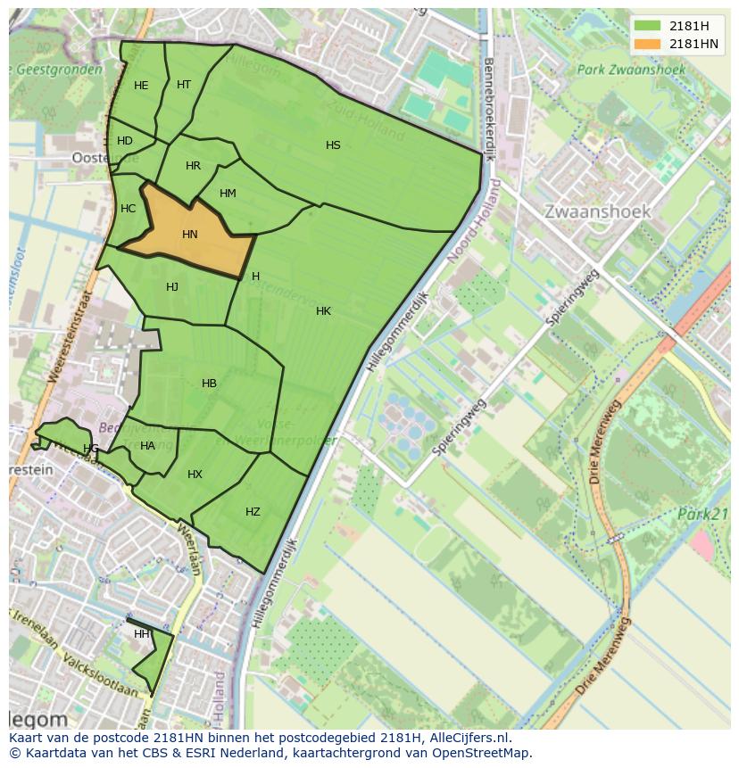 Afbeelding van het postcodegebied 2181 HN op de kaart.