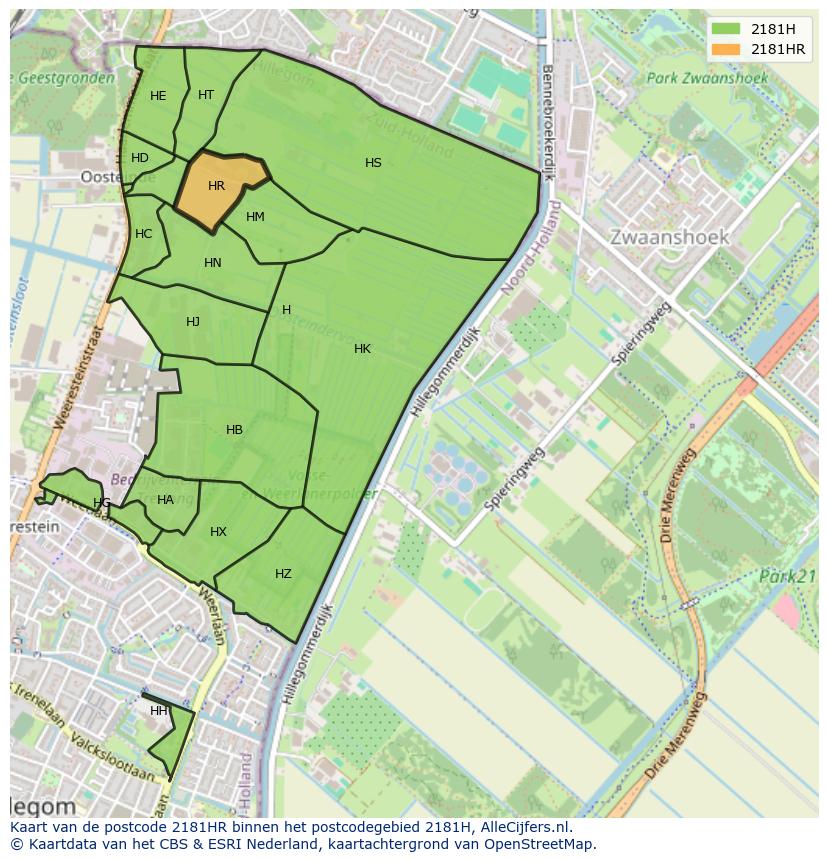 Afbeelding van het postcodegebied 2181 HR op de kaart.
