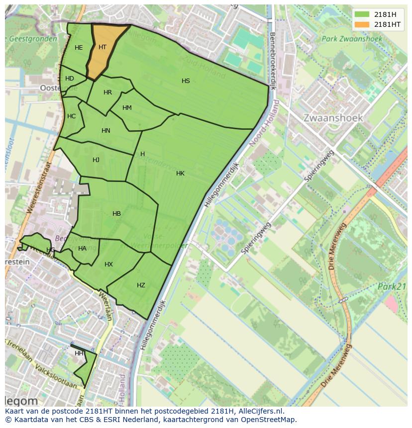 Afbeelding van het postcodegebied 2181 HT op de kaart.