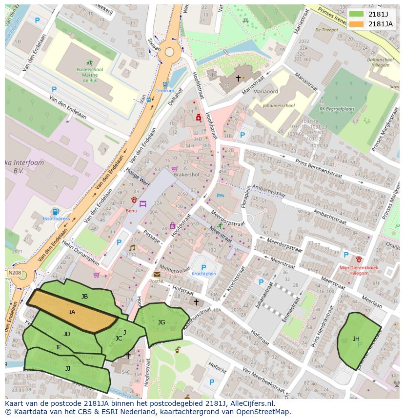 Afbeelding van het postcodegebied 2181 JA op de kaart.