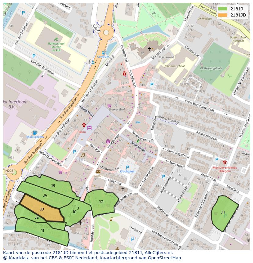 Afbeelding van het postcodegebied 2181 JD op de kaart.