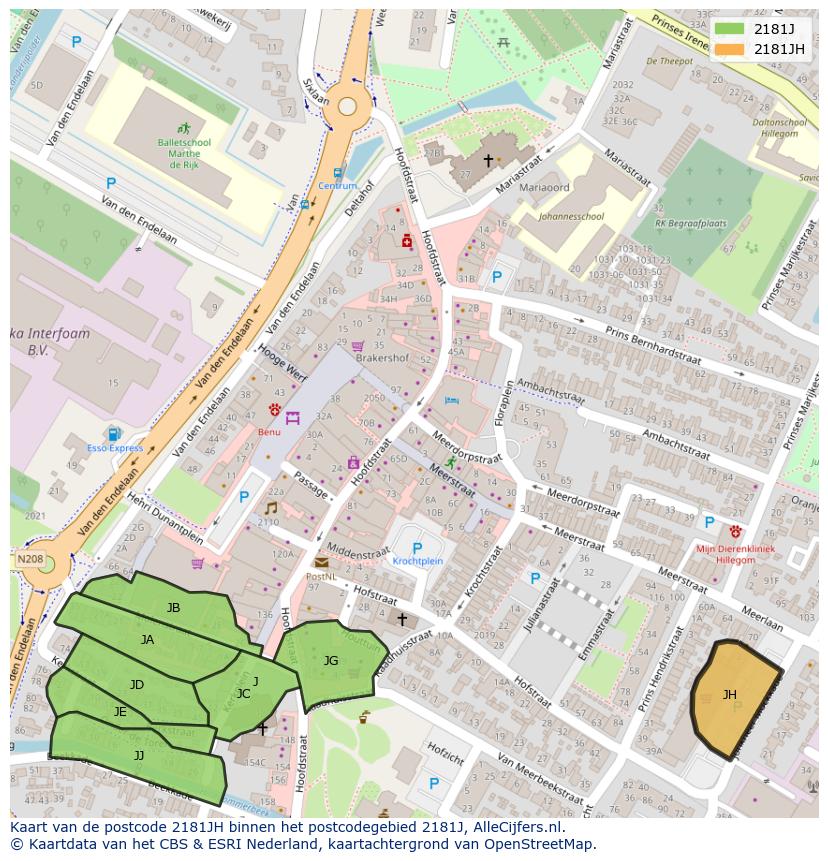 Afbeelding van het postcodegebied 2181 JH op de kaart.