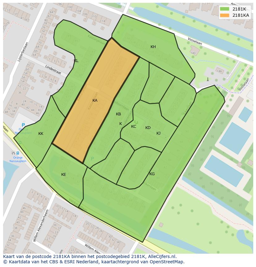 Afbeelding van het postcodegebied 2181 KA op de kaart.