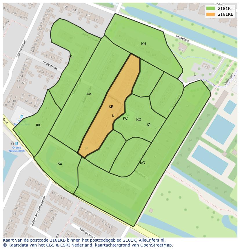 Afbeelding van het postcodegebied 2181 KB op de kaart.