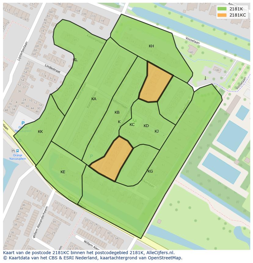 Afbeelding van het postcodegebied 2181 KC op de kaart.