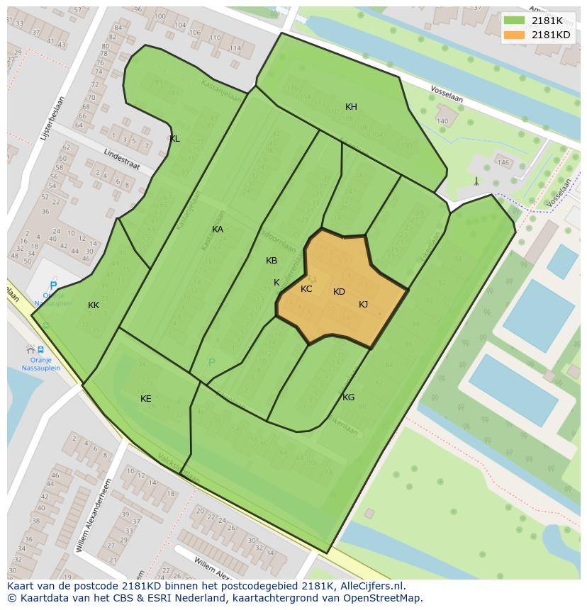 Afbeelding van het postcodegebied 2181 KD op de kaart.