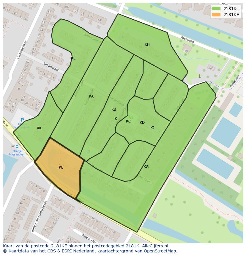 Afbeelding van het postcodegebied 2181 KE op de kaart.