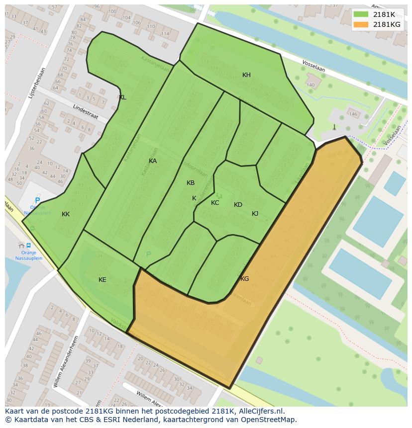 Afbeelding van het postcodegebied 2181 KG op de kaart.