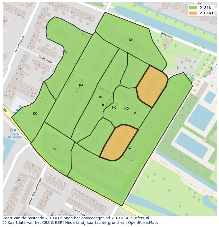 Afbeelding van het postcodegebied 2181 KJ op de kaart.
