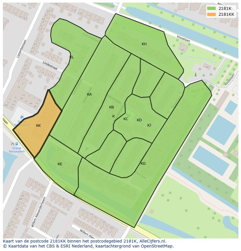 Afbeelding van het postcodegebied 2181 KK op de kaart.